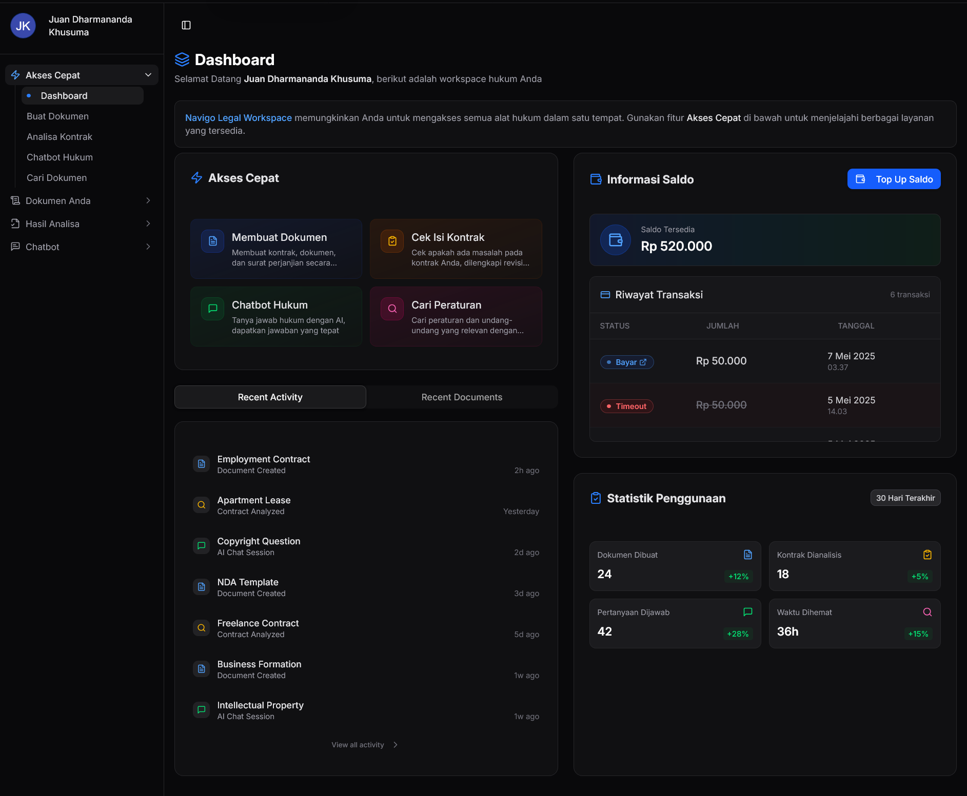 Dashboard Klaussa untuk pembuatan dan analisis dokumen hukum, chatbot, serta pencarian dokumen hukum berbasis AI