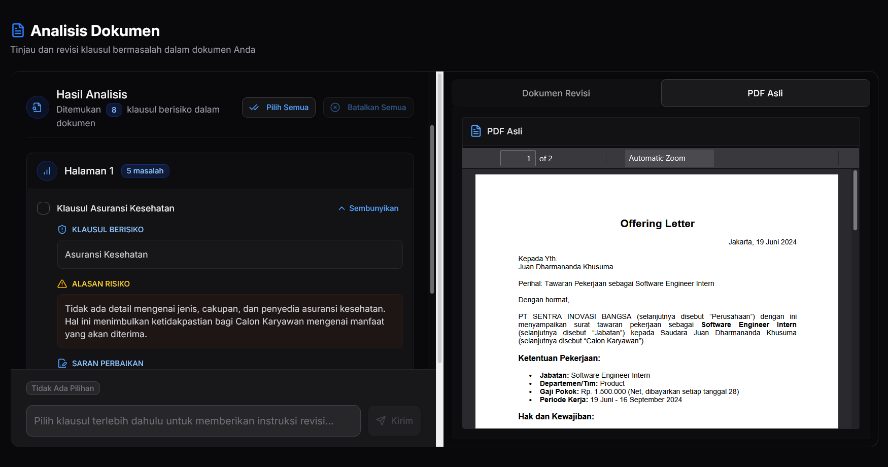 Contract Analysis Interface